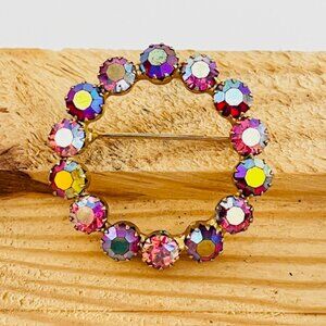 Vintage Iridescent Rhinestone Round Brooch Pin Pink Gold Tone Minimalist